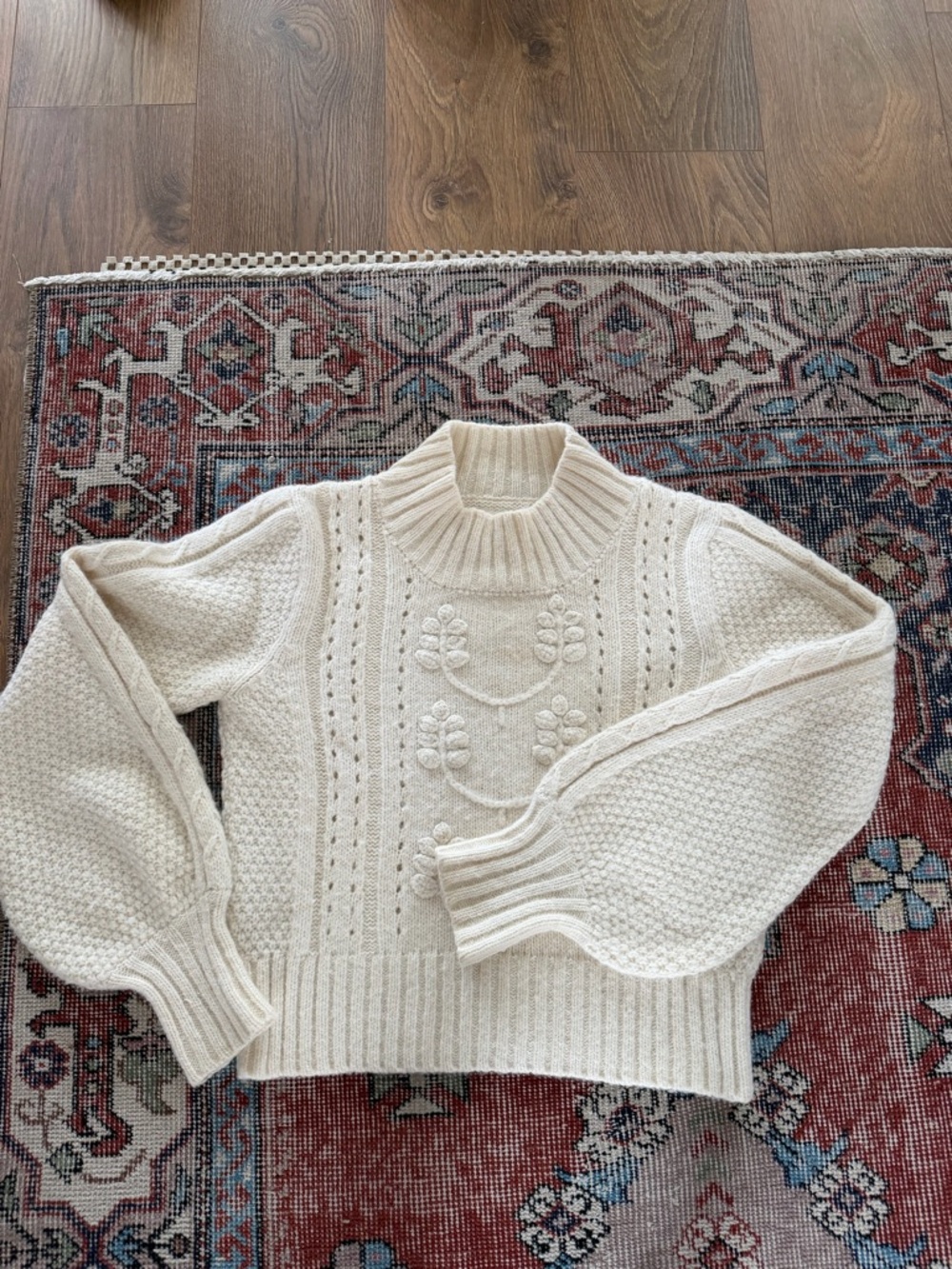 Doeb Cream Cable Knit Balloon Sleeve Sweater